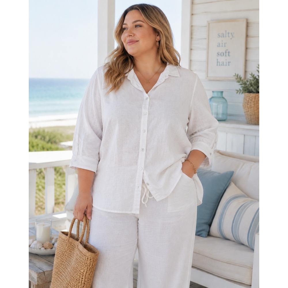 Talbots Woman Button Down Shirt 3X‎ White 100% Linen Coastal Grandmother Relaxed